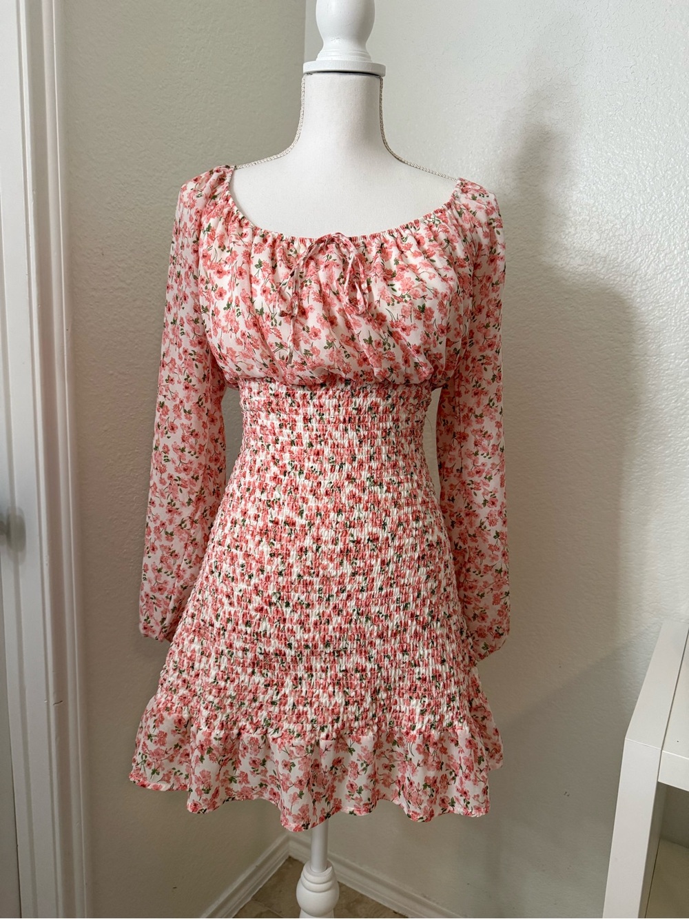 J for Justify Pink Floral Smocked Long Sleeve Mini Dress